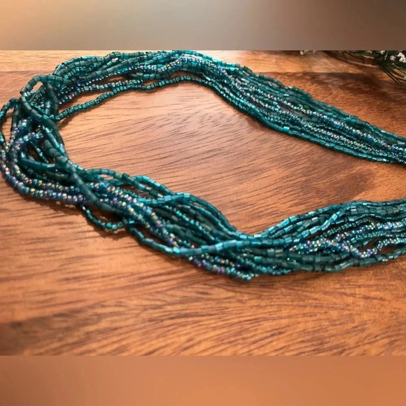 Multi Strand Beaded Necklace • Teal Green • Silver Tone - Picture 1 of 3